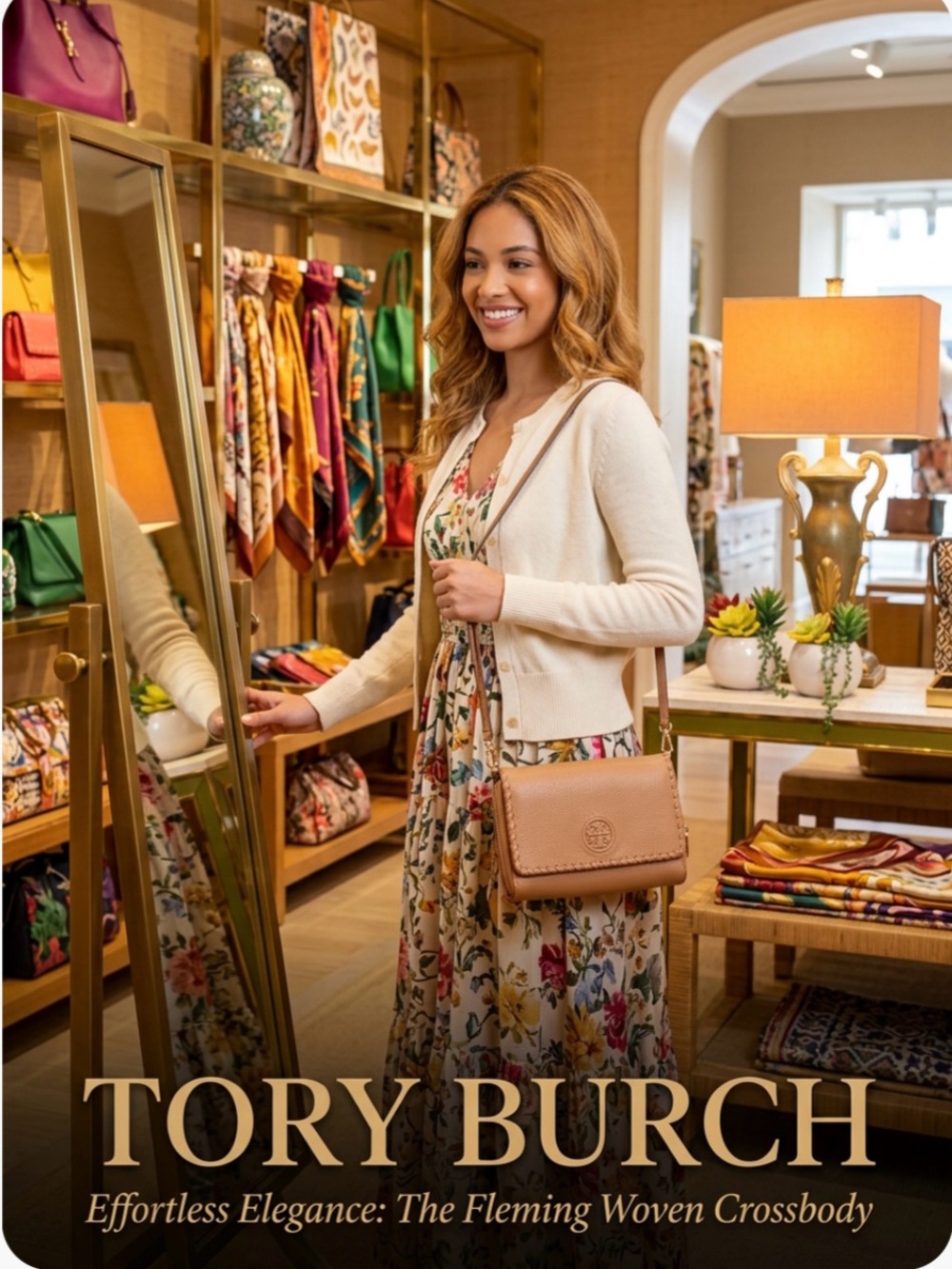 Nice Tory Burch Tan Leather Fleming Crossbody with Woven Trim